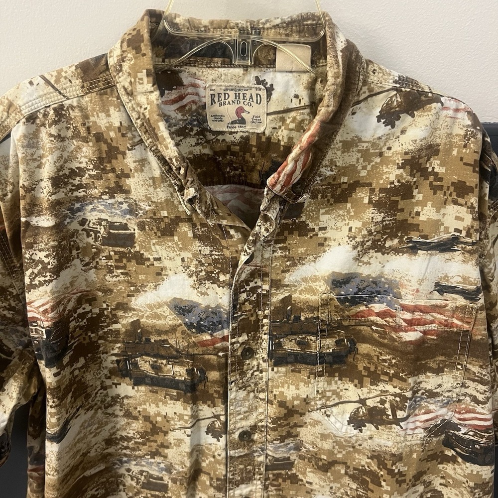 Red Head Brand Mens Desert Camo US Flag Tank Plane Patriotic Button Shirt Sz XL
